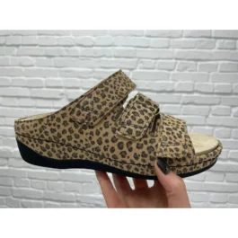 Klapki damskie z trzema paskami na rzepy Schein 386014000 brązowy panterka